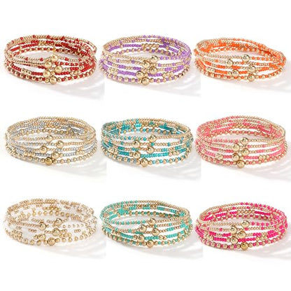 Gold Small Ball Seed Bead Stackable Bracelets Set For Women, Stretch Accessories Handmade Dainty, Daily Party Friendship Gift - color: Orange