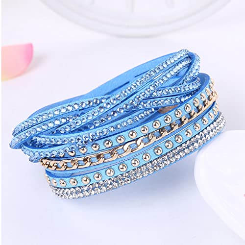 Long tiantian Leather Wrap Bracelets for Women Boho Multi Layered Bracelets Western Jewelry Hot Pink Accessories Birthday Gifts - color: 2287 lightblue