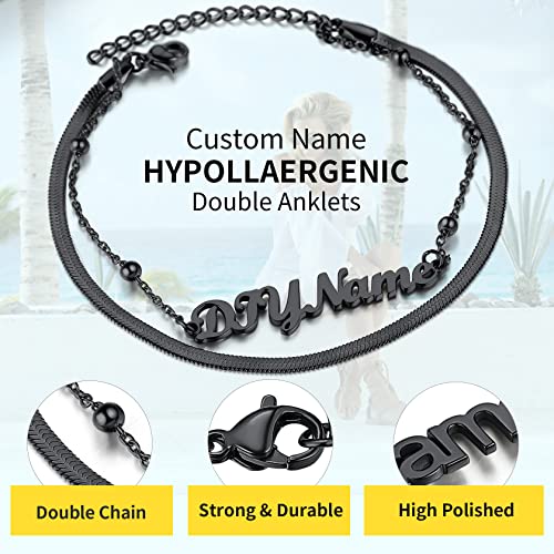 ChainsHouse Double Layer Anklet Bracelet for Women,Adjustable Chain Anklets Stackable Dainty Anklets,Stainless Steel/Gold Plated/Black Ankle Jewelry Gifts - color: C-Black-Snake Chain