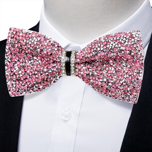 DiBanGu Mens Rhinestone Bow Tie with Ring and Lapel Pin Set | Adjustable Strap,Pre-tied Style,3PCS,Sequin Diamond Bowties，Solid/Mix Color,Shiny Accessory,for Party Prom Banquet Wedding - color: Pink