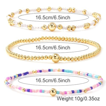 Gold Beaded Bracelet Stack for Women Colorful Small Seed Beads Bracelets Set Boho 14K Gold Plated Ball Stackable Stretch Non-Tarnish Dainty Jewelry Trendy Accessory Friendship Gift - color: pink purple and white