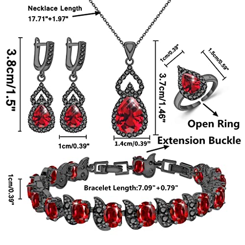 LMXXVJ Women Jewelry Set Platinum Plated Necklace Open Ring Earrings Bracelet Set,Birthday/Anniversary Mother’s Day Jewelry Gifts for Mom/Wife/Sister/Best Friend - color: Black Gun - Red Cubic Zirconia