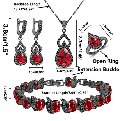 LMXXVJ Women Jewelry Set Platinum Plated Necklace Open Ring Earrings Bracelet Set,Birthday/Anniversary Mother’s Day Jewelry Gifts for Mom/Wife/Sister/Best Friend - color: Black Gun - Red Cubic Zirconia
