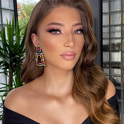 Flyonce Rectangle Clip-on Drop Earrings for Women, Sparkly Rhinestone Crystal Geometric Statement Non Pierced Earring Wedding Prom Party Jewelry for Brides Bridesmaid - color: Multicolor Black-Tone
