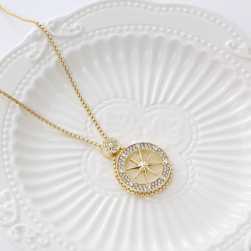 18K Gold Plated Compass Star Statement Pendant Necklace with Cubic Zirconia Accents