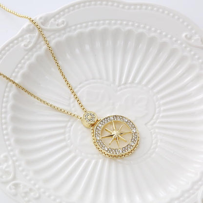 18K Gold Plated Compass Star Statement Pendant Necklace with Cubic Zirconia Accents