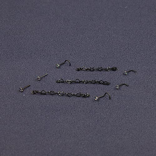 Nose Ring Chain Across Nose Black Stainless Steel Nostril Nose Piercing Chain with Cubic Zirconia Nose Screw Bone L-Shaped Ring for Women Body Piercing Nostril Jewelry with Bridge Chain - color: Black-Heart Nose Chain Studs