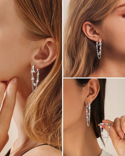 Tassel Chain Small Gold Hoop Dangle Earring For Women Huggie Earring Heart Star CZ 14K Gold Plated Fashion Jewelry Graduation Gift for Her Mothers Day Gifts for Mom - color: Star-Silver
