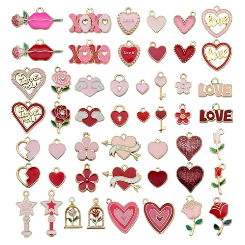 Youdiyla 50pcs Alloy enamel red pink Valentine's Day set Pendant Jewelry Making DIY Keychain Earrings Pendant Various Design Charms for Jewelry Making Bracelets Necklace (SN1045) - color: SN1045
