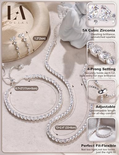 LOLIAS Silver Jewelry Set for Women Tennis Necklace Bracelet Hypoallergenic | Wedding Jewelry Sets for Brides Bridemaid,Costume Party Prom Accessories,Chockers Necklace CZ Tennis Bracelet Earrings Studs - style: Tennis Necklaces Bracelet+Dangle Earrings