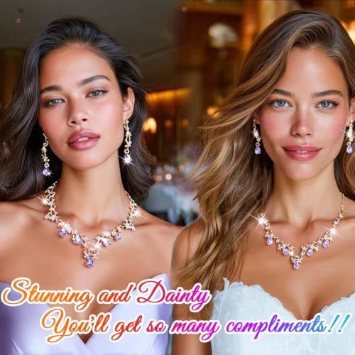 Gold Rhinestone Jewelry Set Bridal Wedding Necklace Earrings Sets Prom Formal Costume Jewelry for Women and Brides - color: Purple