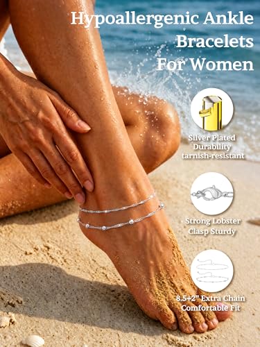 2 PCS Anklets for Women 14K Gold/Silver Plated Dainty Anklet Set | Non Tarnish Waterproof Brass Ankle Bracelet, Hypoallergenic Stackable Layered Chain Set, Adjustable Beach Summer Jewelry Gift - style: Style3