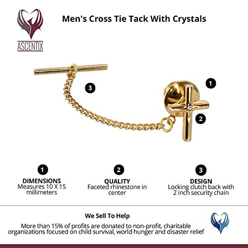 Men's Elegant Cross Tie Tack with Crystal Center for Formal Wear - color: Gold