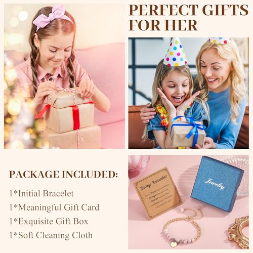 Ritach Initial Bracelets for Girls Kids - Pink Zebra Natural Stone Disc/Heart Initial Bracelet Adjustable Gold/Silver Beaded Bracelets for Girls Kids Teen Girl Jewelry Birthday Gifts - color: B-Gold