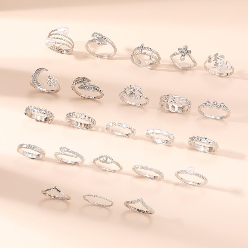 Chunky Gold Rings for Women Gold Baroque Pearl Rings Open Adjustable Pearl Ring Stacking Knuckles Rings Set Boho Prom Costume Fashion Jewelry for Women 2026 - style: Silver Moon