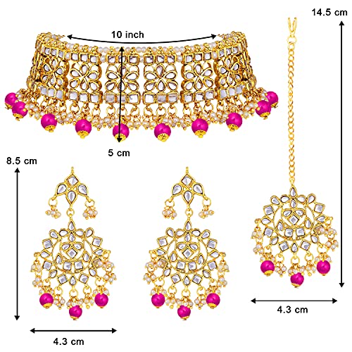 Aheli Elegant Indian Faux Kundan Studded Choker Necklace with Maang Tikka Set Ethnic Wedding Wear Bharatanatyam jewellery set Gift for Women - color: Rani Pink