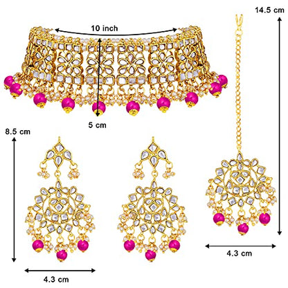 Aheli Elegant Indian Faux Kundan Studded Choker Necklace with Maang Tikka Set Ethnic Wedding Wear Bharatanatyam jewellery set Gift for Women - color: Rani Pink