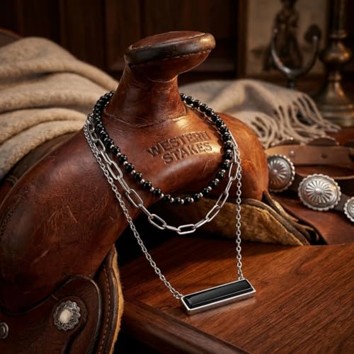 Layered Stone Necklace, Triple Strand Beaded Choker with Paperclip Chain, Boho Western Fashion Jewelry - color: Black