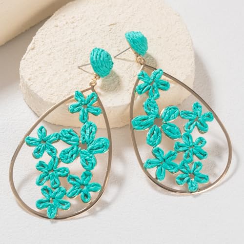 Boho Raffia Flower Teardrop Earrings Cute Colorful Dangle Trendy Jewelry | Floral Drop Statement Big Dangling Earring Hypoallergenic Gold Fun Unique Summer Spring Beach Vacation Outfits for Women - color: Teal