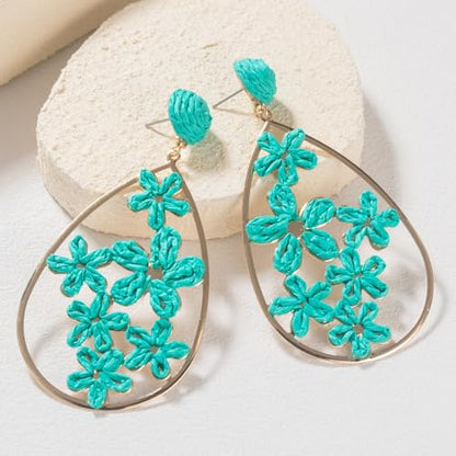 Boho Raffia Flower Teardrop Earrings Cute Colorful Dangle Trendy Jewelry | Floral Drop Statement Big Dangling Earring Hypoallergenic Gold Fun Unique Summer Spring Beach Vacation Outfits for Women - color: Teal