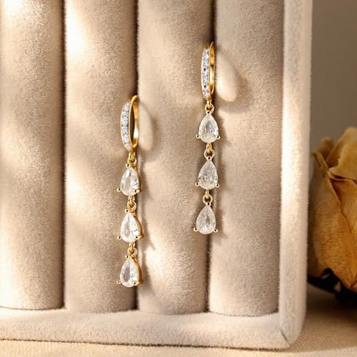 Sonateomber Gold Silver Small Hoop Dangle Earrings for Women, Trendy Dainty Rhinestone CZ Dangling Prom Wedding Leaf Flower Snowflake Butterfly Starfish Fashion Jewelry Gift - color: Gold Teardrop