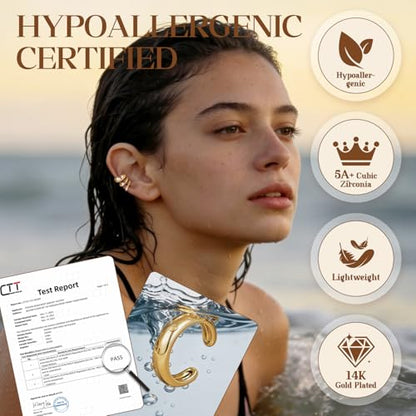 Ear Cuff Earrings for Women Non Piercing Helix Cartilage Clip on Ear Cuffs 14K Gold Plated & Sterling Silver Stainless Steel Hypoallergenic Huggie Hoop Fake Earring Set Jewelry Gift - color: A4-Chunky Hoop Set Gold