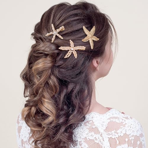 PAGOW 3 PCS Starfish Hair Clips, 3 Styles Gold Rhinestone Pearls Hair Clips, Faux Pearl Crystal Sea Star Wedding Headpiece Hair Accessories For Women Bride - color: 3pcs-gold,style3