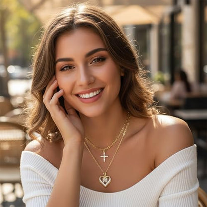 14K Gold Plated Layering Necklaces,Heart Initial Layered Necklace Cross Pendant Necklace Charm Personalized Stackable Jewelry Gift for Her - style: L