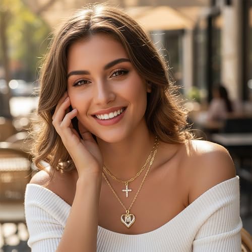 14K Gold Plated Layering Necklaces,Heart Initial Layered Necklace Cross Pendant Necklace Charm Personalized Stackable Jewelry Gift for Her - style: M