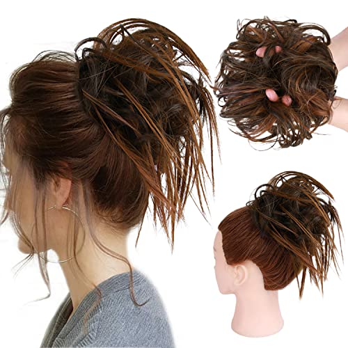 HMD Tousled Updo Messy Bun Hair Piece for Women Synthetic Hair Extension | Messy Bun Hair Piece with Elastic Scrunchie Synthetic Tousled Updos Ponytail Hairstyles for Daily Wear - color: 6AH30# (Dark Brown & Light Auburn)