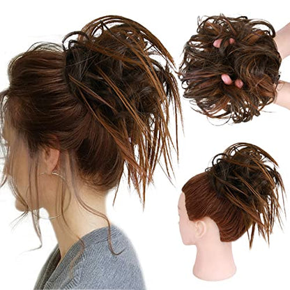 HMD Tousled Updo Messy Bun Hair Piece for Women Synthetic Hair Extension | Messy Bun Hair Piece with Elastic Scrunchie Synthetic Tousled Updos Ponytail Hairstyles for Daily Wear - color: 6AH30# (Dark Brown & Light Auburn)