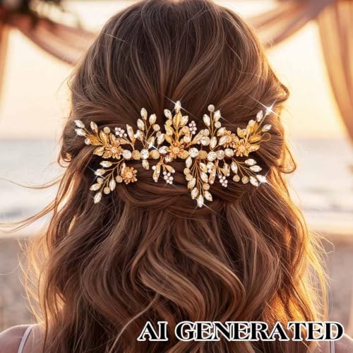 Evild Rhinestone Wedding Hair Comb Leaf Bead Bride Headpieces Hair Clip Crystal Bridal Headdress Flower Wedding Hair Accessories for Brides and Bridesmaids (Gold) - color: Gold