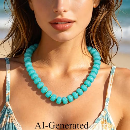 Beaded Necklaces for Women - Colorful Acrylic Beaded Chunky Necklace | Adjustable Statement Necklace, Puffy Heart Pendant, Boho Choker Necklace, Waterproof Summer Beach Jewelry, Gifts for Vacation - color: Turquoise