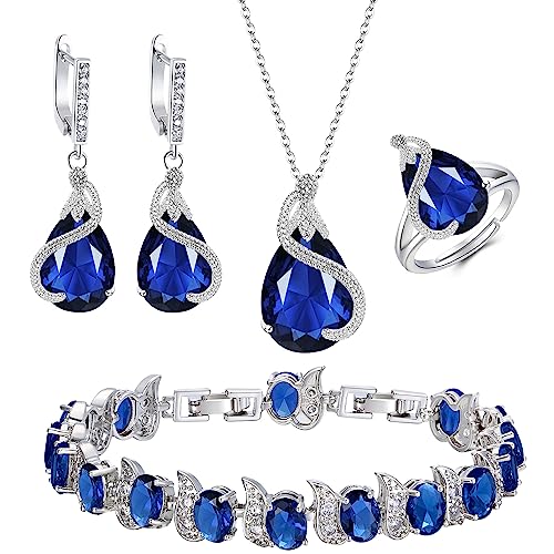 EVER FAITH Wedding Jewelry Set for Bride Bridesmaid, Glamour Teardrop Cubic Zirconia Pendant Necklace Earrings Tennis Bracelet Open Ring Sets for Birthday/Valentine's Day/Mother's Day/Christmas - color: A_Sapphire Blue Silver-Plated-Brass