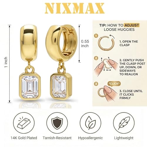 NIXMAX Trendy Gold Dangle Earrings for Women, Chunky Statement CZ Hoops | Bezel-Set Cubic Zirconia Charm, 14K Gold Plated, Lightweight Hypoallergenic Jewelry, Fashion Accessories, Gifts for Women - color: Gold-Chunky Rectangle Hoops