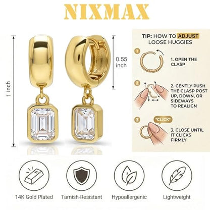NIXMAX Trendy Gold Dangle Earrings for Women, Chunky Statement CZ Hoops | Bezel-Set Cubic Zirconia Charm, 14K Gold Plated, Lightweight Hypoallergenic Jewelry, Fashion Accessories, Gifts for Women - color: Gold-Chunky Rectangle Hoops