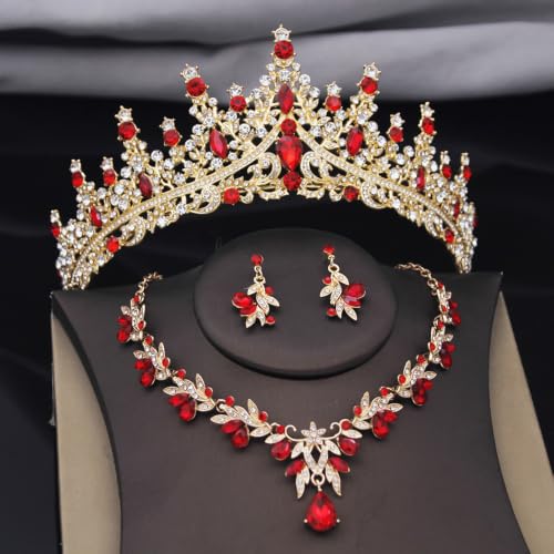 Women Tiaras and Crowns Bridal Jewelry Set with Rhinestones, Gold Plated Floral Necklace Tiara and Earrings, Wedding Birthday Party Accessories - color: Gold Red