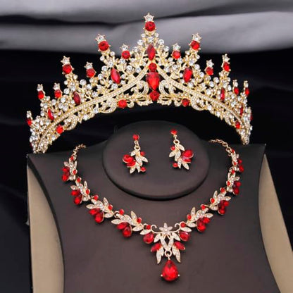 Women Tiaras and Crowns Bridal Jewelry Set with Rhinestones, Gold Plated Floral Necklace Tiara and Earrings, Wedding Birthday Party Accessories - color: Gold Red