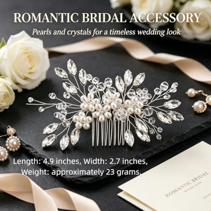 Wedding Hair Comb Pearl Crystal Bridal Hair Piece | Rhinestone Wedding Hair Accessories，Silver Hair Comb Clip for Women Wedding Party - color: silver-346