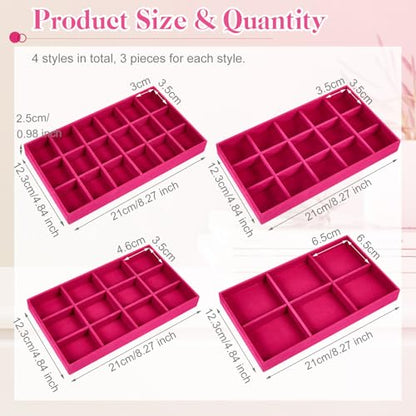 12 Pcs Jewelry Tray Velvet Stackable Jewelry Organizer Trays Divided Earring Accessories Storage Containers Box (Rose Red) - color: Rose Red
