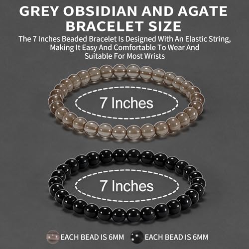 2PCS Agate Bracelet for Women Men Natural Round Beaded Agates Stone Healing Stretch Bracelets Elastic Handmade Polished Gemstone Beads Bracelet - color: Grey+Black, size: 6mm Beads