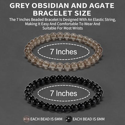 2PCS Agate Bracelet for Women Men Natural Round Beaded Agates Stone Healing Stretch Bracelets Elastic Handmade Polished Gemstone Beads Bracelet - color: Grey+Black, size: 6mm Beads