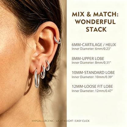 4 Pairs Small Gold Silver Huggie Hoop Earrings for Women Surgical Steel Set | 14K Gold Plated 316L Stainless Steel, 6/8/10/12 mm, Hypoallergenic, Lightweight, Mini Jewelry - color: Silver/4 Pairs