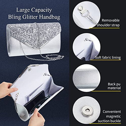 Henoyso 5 Pcs Purse Rhinestone Jewelry Set Prom Jewelry Rhinestone Clutch Purse Necklace Earrings Bracelets for Women Bride - color: Silver