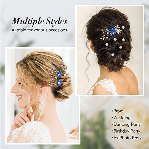 Cinaci 18 Pieces Bridal Wedding Party Prom Pearl Rhinestone Royal Blue Flower Hair Side Combs Slides+U-shaped Flower Hair Pins+Twist Spiral Hairpins Floral Headpieces for Brides Bridesmaids Women Girs - color: Royal Blue