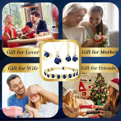 Jewelry Set for Women Teardrop Earrings Necklace Ring Bracelet Set Party Wedding Jewelry Gift for Mother Wife Friend - color: Gold-Blue