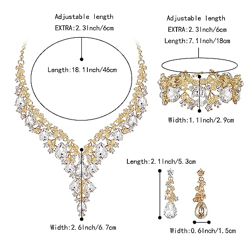 BriLove Women's Wedding Bridal Austrian Crystal Teardrop Flower Cluster Statement Necklace Dangle Earrings Jewelry Set for Party Prom - color: 3Pcs-Clear Gold-Tone