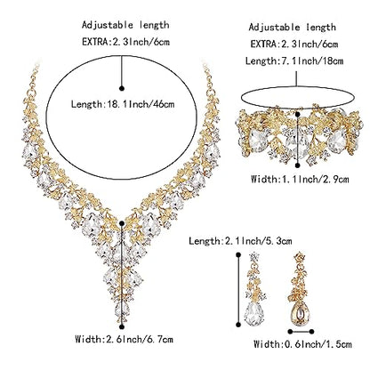 BriLove Women's Wedding Bridal Austrian Crystal Teardrop Flower Cluster Statement Necklace Dangle Earrings Jewelry Set for Party Prom - color: 3Pcs-Clear Gold-Tone
