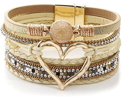 Suyi Multilayer Leather Wrap Bracelet Heart-Shape Wide Bracelets for Women - color: Khaki