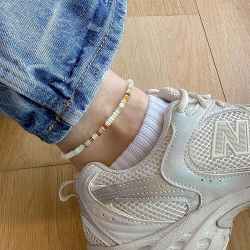 Natural Stone Beaded Anklets for Women Teen Girl Gifts Trendy Stuff Boho Anklet Colorful Bead Ankle Bracelets for Women Waterproof Handmade Beach Gifts Summer Jewelry Birthday Christmas Gift - color: White